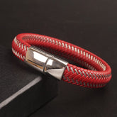 Red Leather silver Wire with Silver magnetic lock Leather Bracelet
